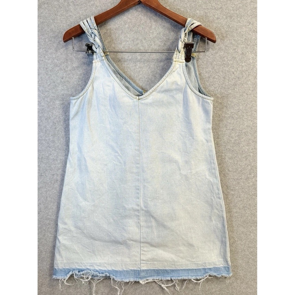 C'isa Light Wash Denim‎ Mini Dress S Frayed Hem Knot Strap 100% Cotton Y2K Style